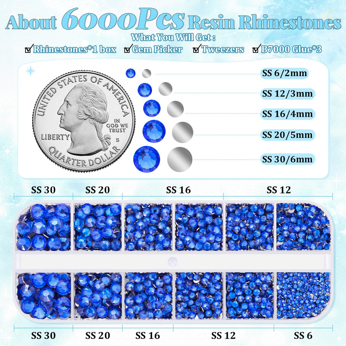6000Pcs Resin Rhinestones for Bedazzling with 3Pcs B7000 Jewelry Glue, 1 Box Royal Blue Flatback Rhinestones for Crafting Crafts DIY, Crystals Gems for Clothing Shoes Tumblers Nail Art Makeup
