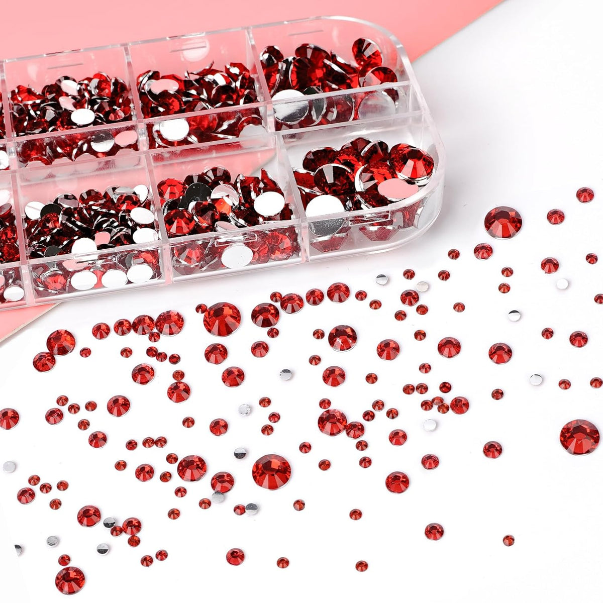 Canvalite 2784PCS Red Rhinestones Flat Back Gems, Nail Rhinestones Gems with 5Pcs Jewelry Glues, Pick Up Tweezers and Diamonds Picker Dotting Pen, Tools for Nail Art, Clothes, Face, Crafts