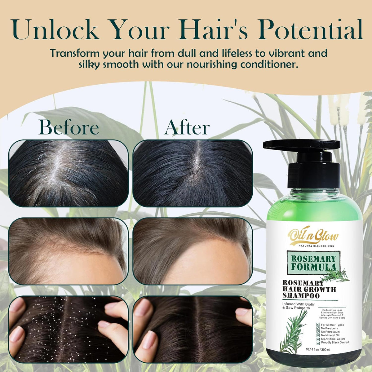 USDA Organic Rosemary Hair Growth Shampoo For Thickening, Regrowth & Strengthening for Men & Women with Biotin, Scalp DHT Blocker Saw Palmetto For Thinning Hair Loss 10 Fl. Oz- Fragrance Free