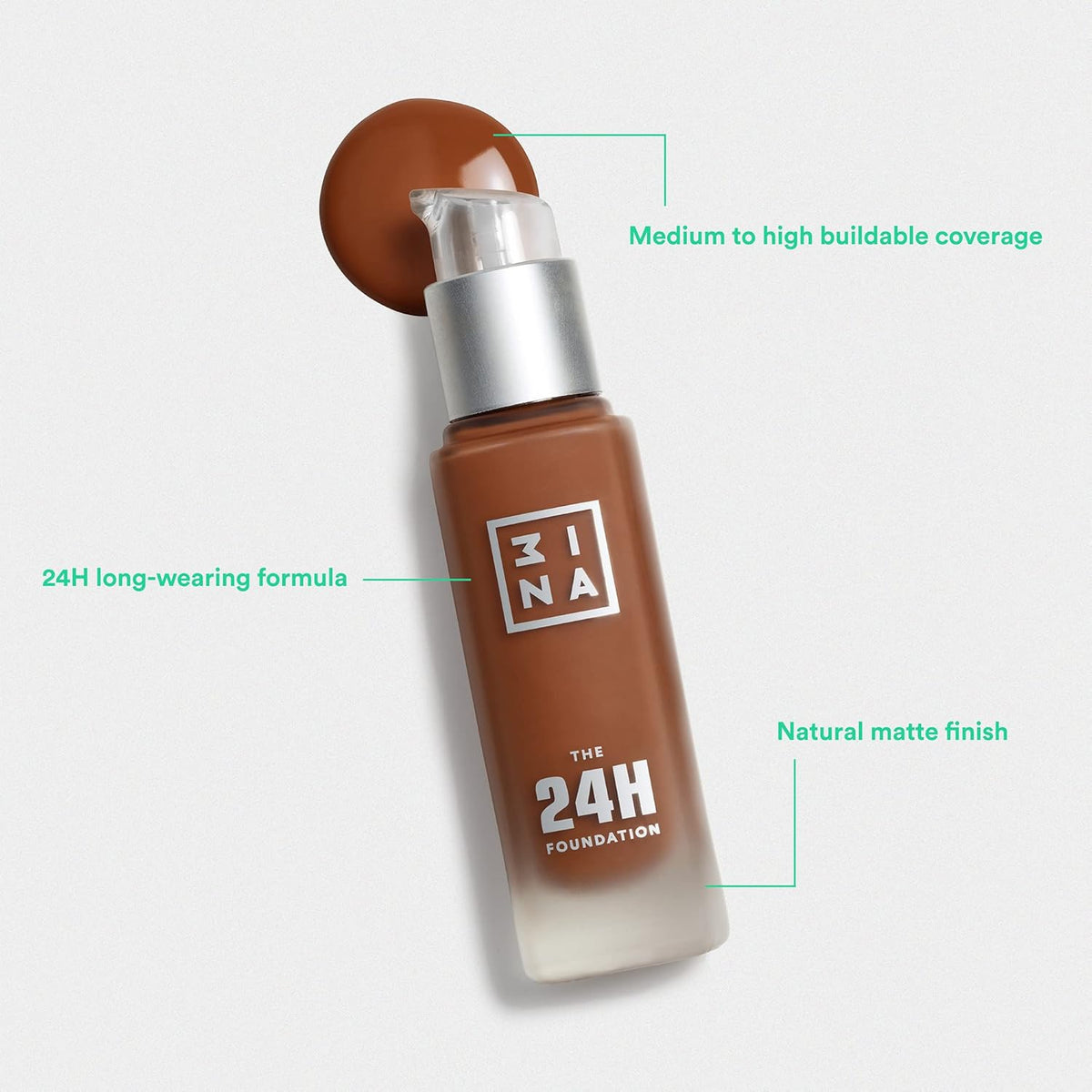 3INA The 24H Foundation 645-24H Long-Wearing Formula - Medium To High Buildable Coverage - Smooth Matte Finish - Expanded Shade Selection - Waterproof, Cruelty Free, Vegan Makeup - 1.01 Oz