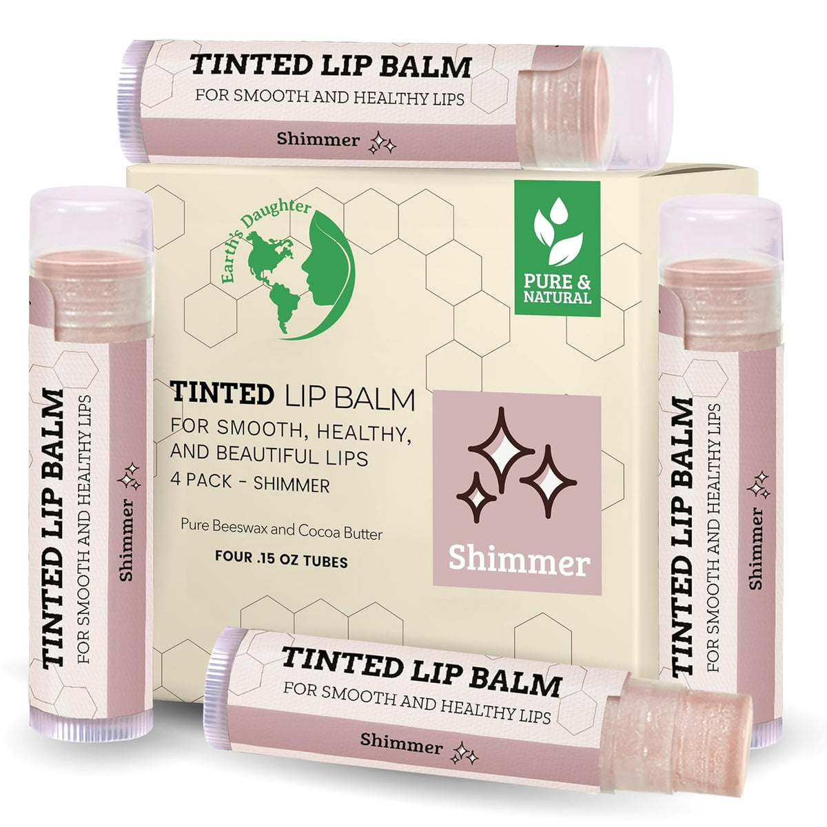 Earth's Daughter Tinted Lip Balm Shimmer 4 Pack, Beeswax, Coconut Oil, Cocoa Butter, Vitamin E, Moisturize and Beautify, Paraben Free