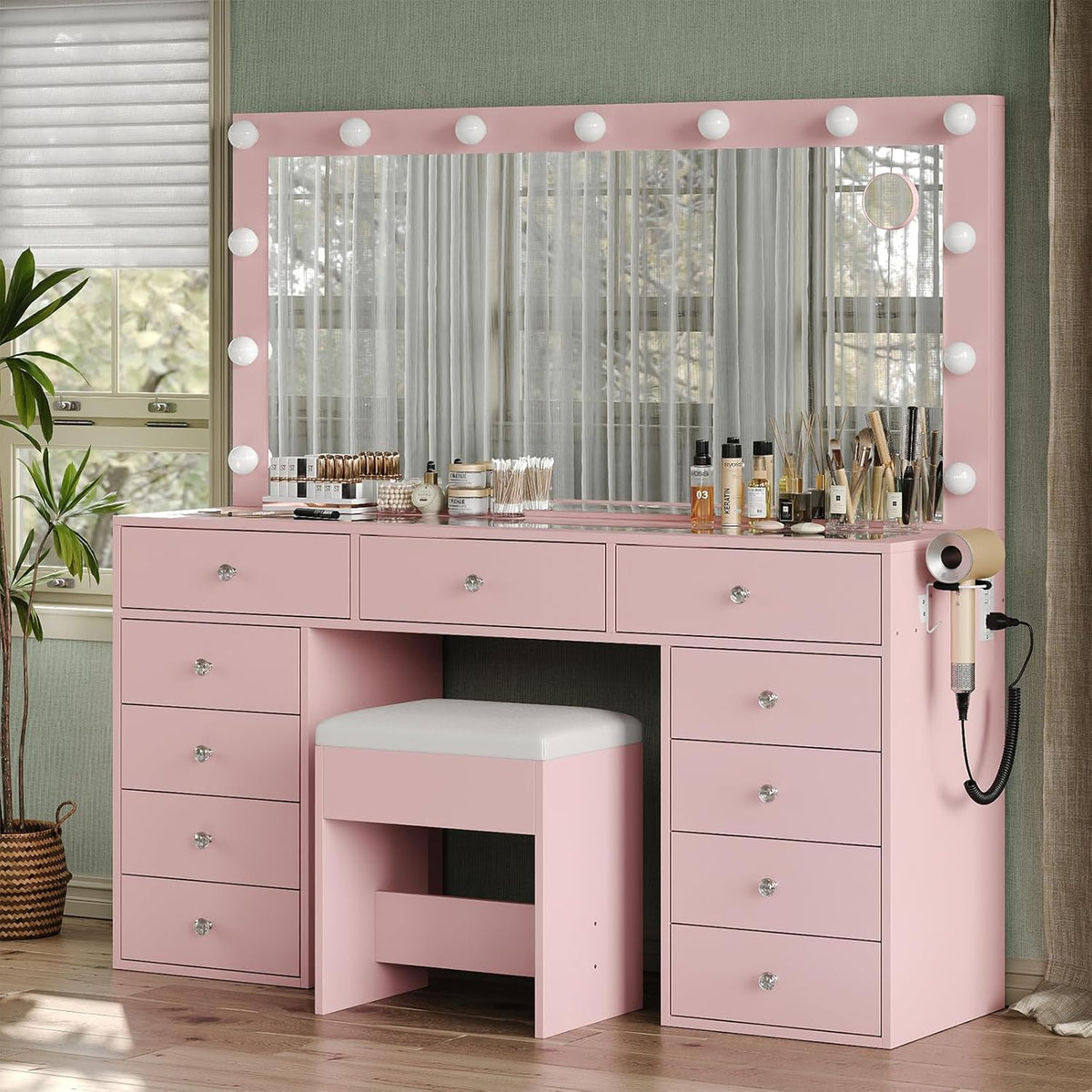 11 Drawers Makeup Vanity with Charging Station, Vanity Desk with 13 LED Bulbs and HD Mirror, 3 Color Brightness Adjustable, Glass Top Vanity Set for Bedroom, Pink