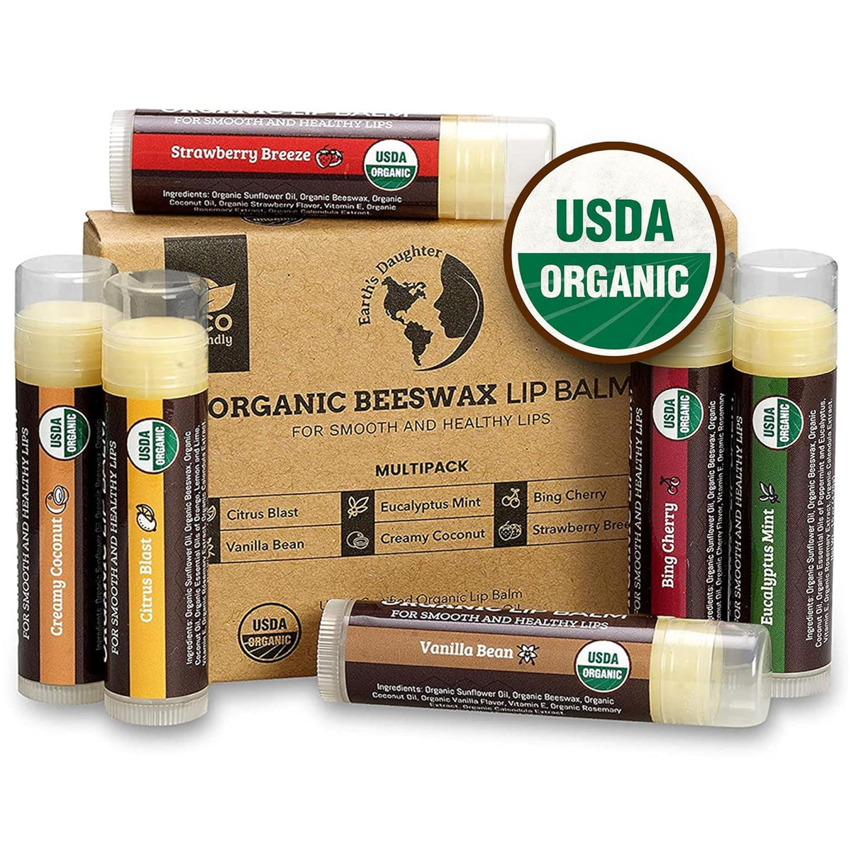 Earth's Daughter USDA Organic Lip Balm 6-Pack - Fruit Flavors, Beeswax, Coconut Oil, Vitamin E - Best Lip Repair Chapstick for Dry Cracked Lips - Moisturizing Lip Care