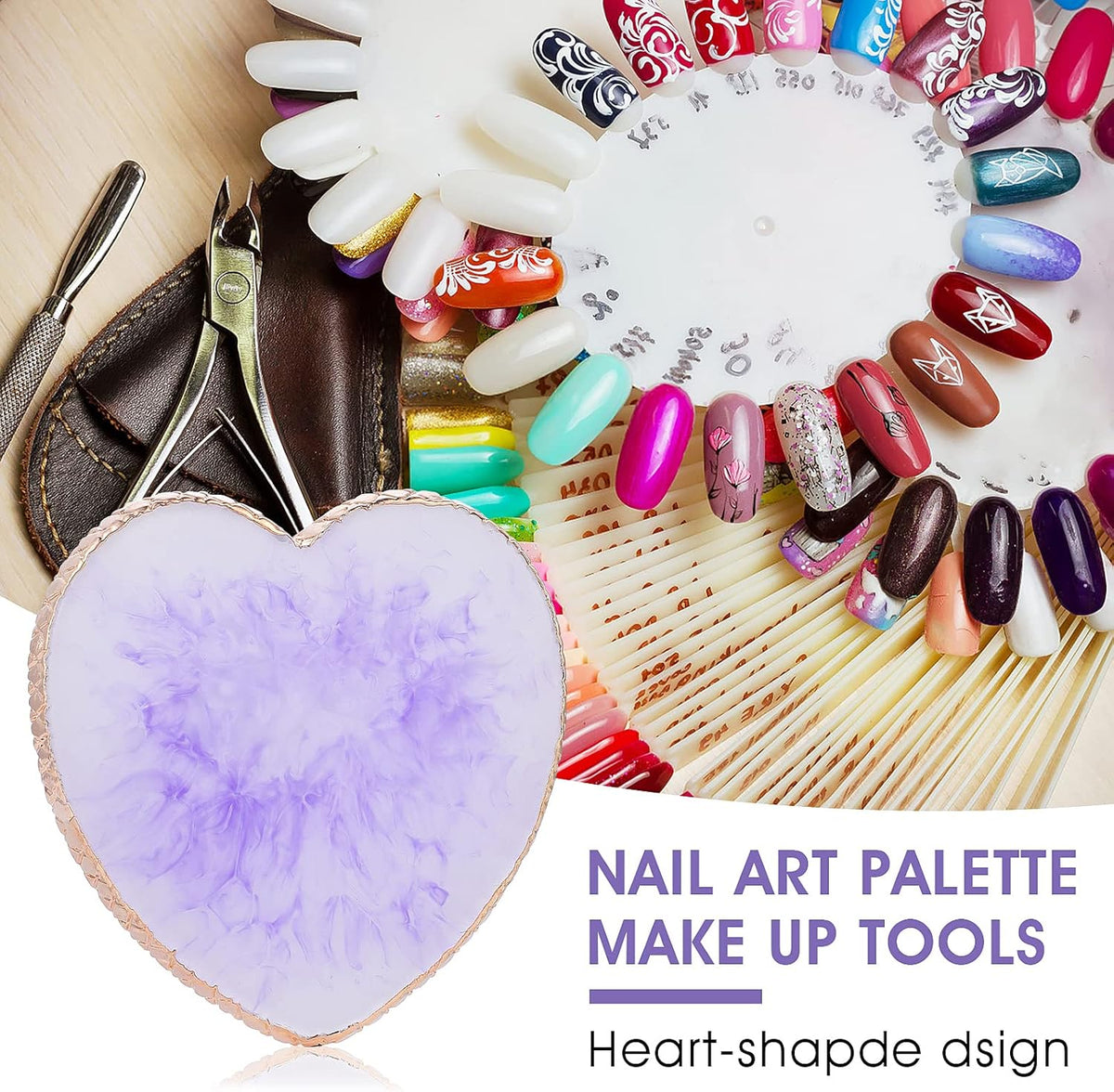 Sibba Resin Nail Art Palette Nail Mixing Palette Polish Color Mixing Plate Golden Edge Nail Holder Display Board Heart Shape Cosmetic Mixing Tools (Purple)