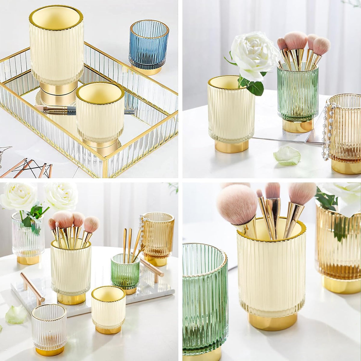 DASITON Makeup Brush holder Organizer,Crystal Cosmetic Makeup Brush Glass Brushes Storage Holder, Vintage Make Up Brush Cup Pen Pencil Holder striped vase(Cream S+L)