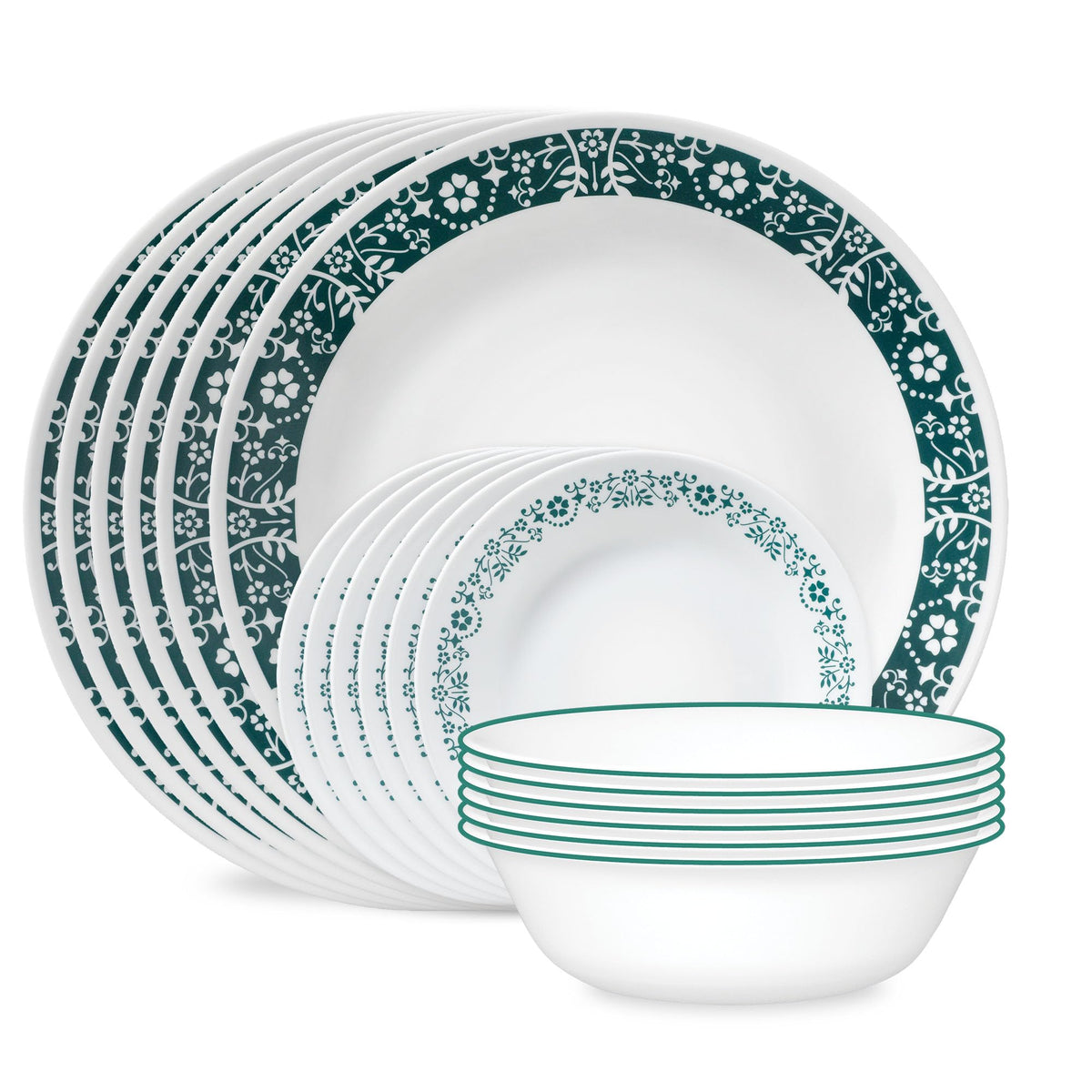 Corelle Everyday 18-PC Dinnerware Set Service for 6, Durable and Eco-Friendly, Higher Rim Glass Plate & Bowl Set, Microwave and Dishwasher Safe, Sadie