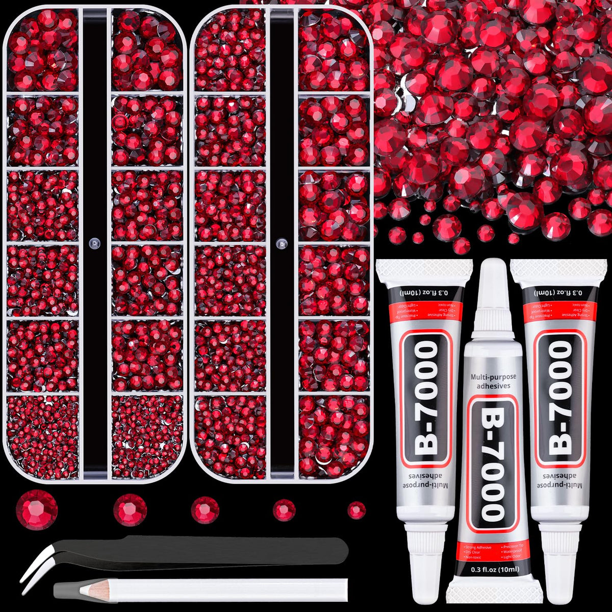 Resin Rhinestones for Crafting with B7000 Jewelry Glue, 2 Boxes Dark Red Flatback Crystals with 3Pcs 10ml Glue for Bedazzling Crafts DIY Nail Art Makeup, Gems for Clothing Shoes