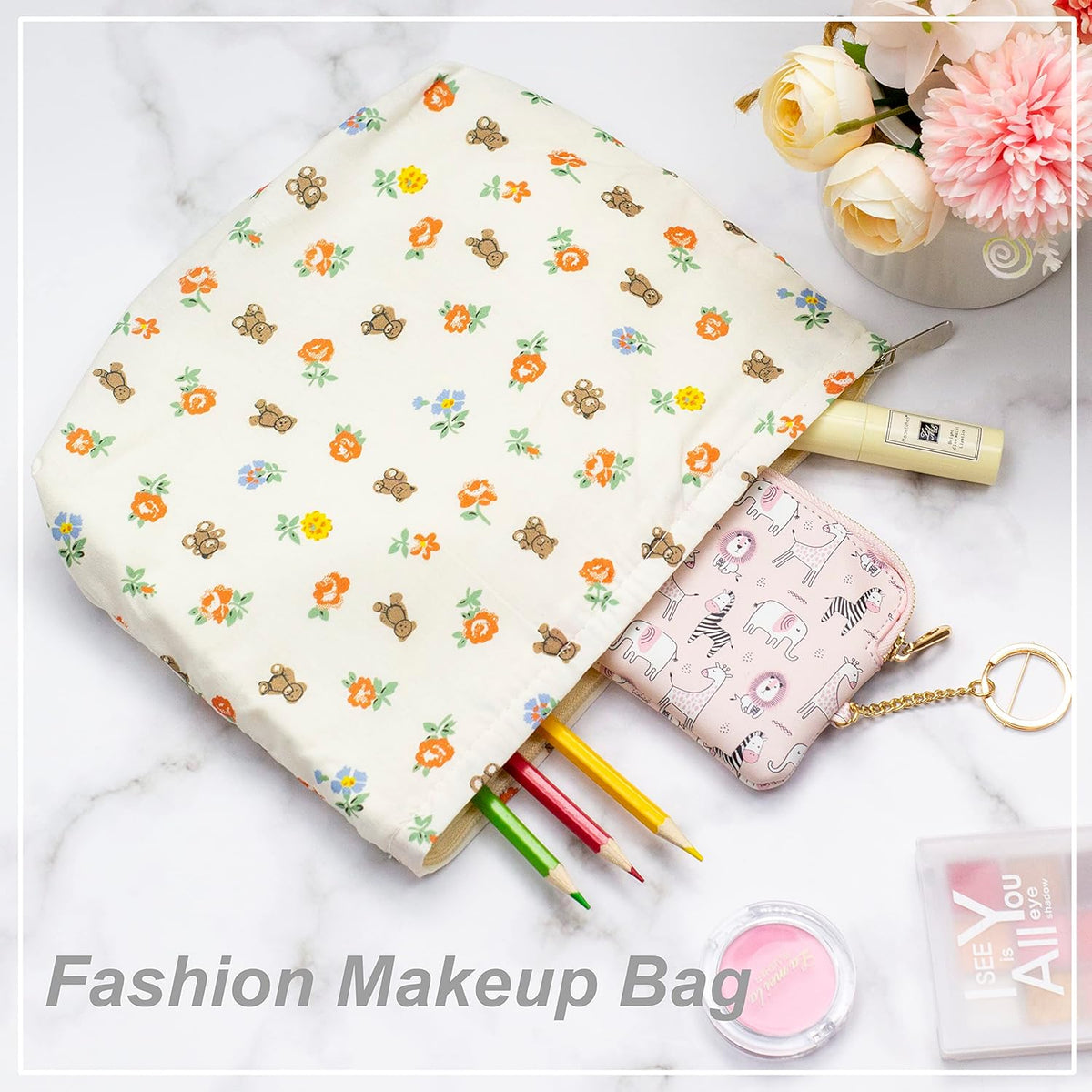 PAZIMIIK Floral Makeup Bag Large Cotton Zipper Pouch for Purse Travel Canvas Make Up Organizer for Women Cosmetic,Flower Bear White