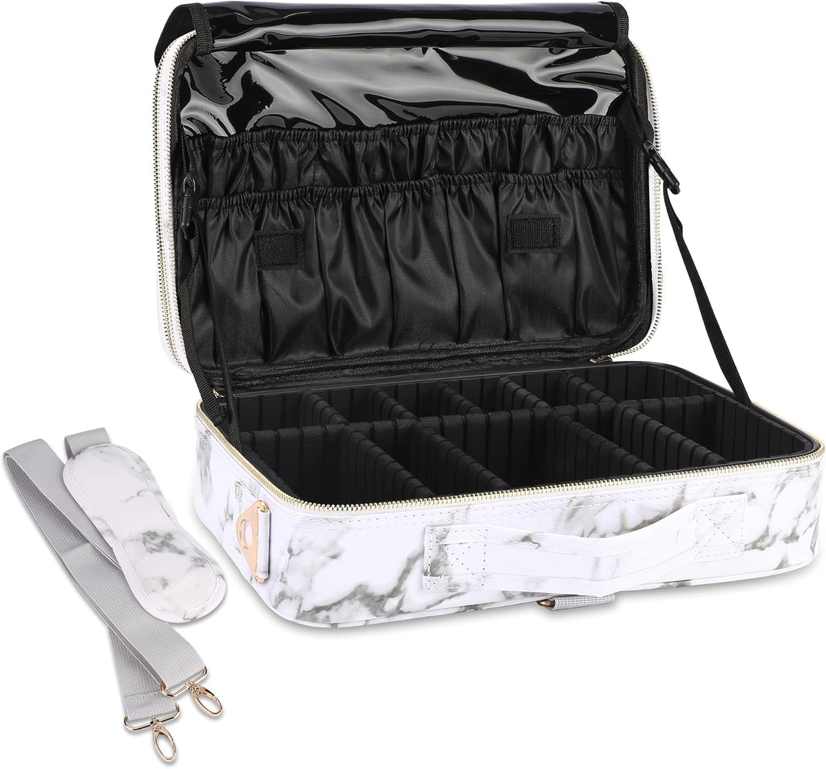 JOURMON Travel Makeup Case 3 Layers Makeup Train Case Marble Makeup Bag Organizer Portable Artist Storage Bag with Adjustable Dividers and Shoulder Strap (Marble white)