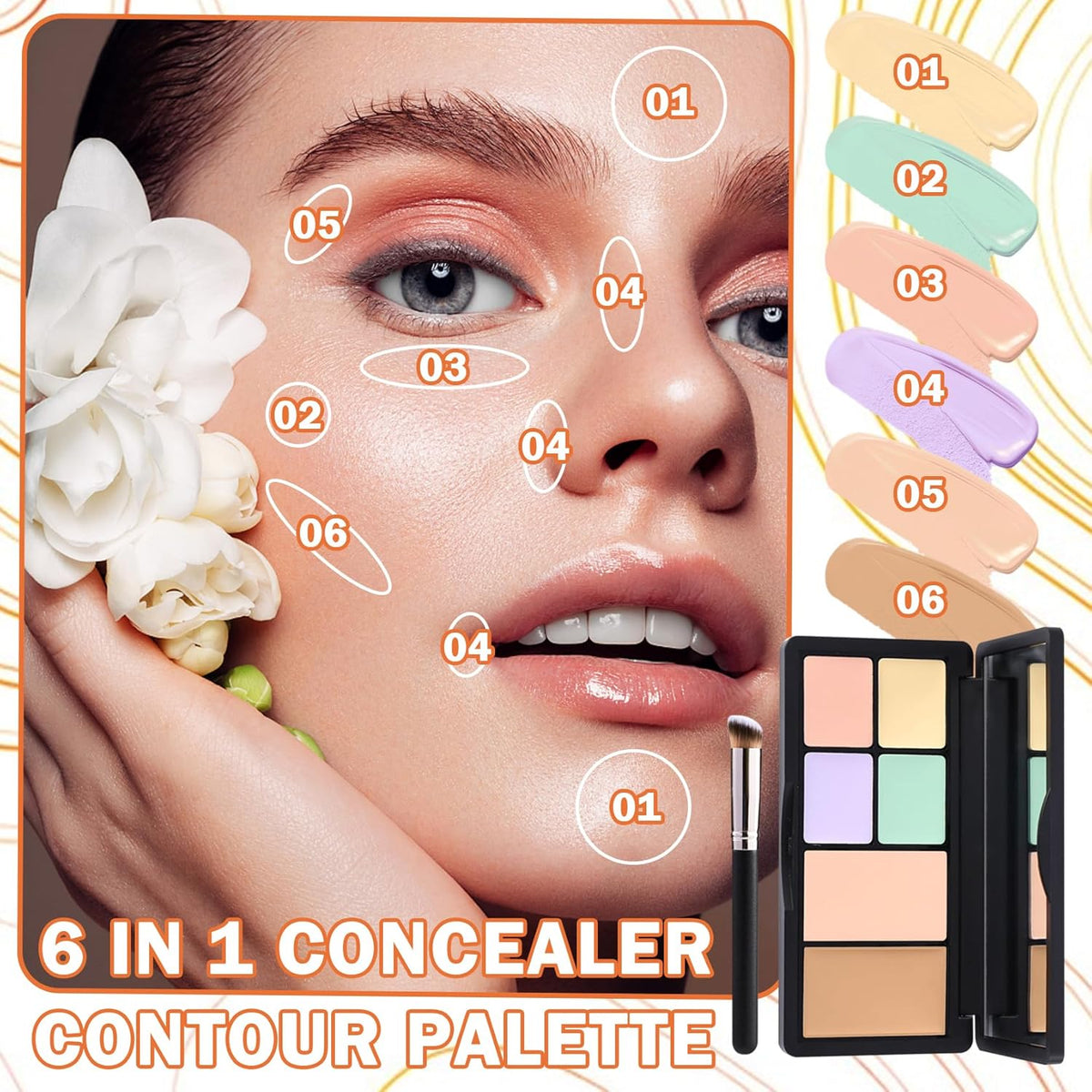 6 Colors Correcting Concealer Palette,Contouring Highlighting Concealer Palette Makeup Kit with Brush,Foundation Makeup Cream Contour Palette for Conceals Dark Circles,Blemish(01#)