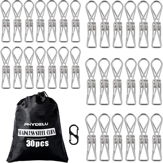 (30PCS) Stainless Steel Laundry Clothes Pins Heavy Duty Outdoor, Clothespins for Hanging, Metal Clips, Metal Clothes pins, Snack Bag Chip Clips for Food Packages, Close pins