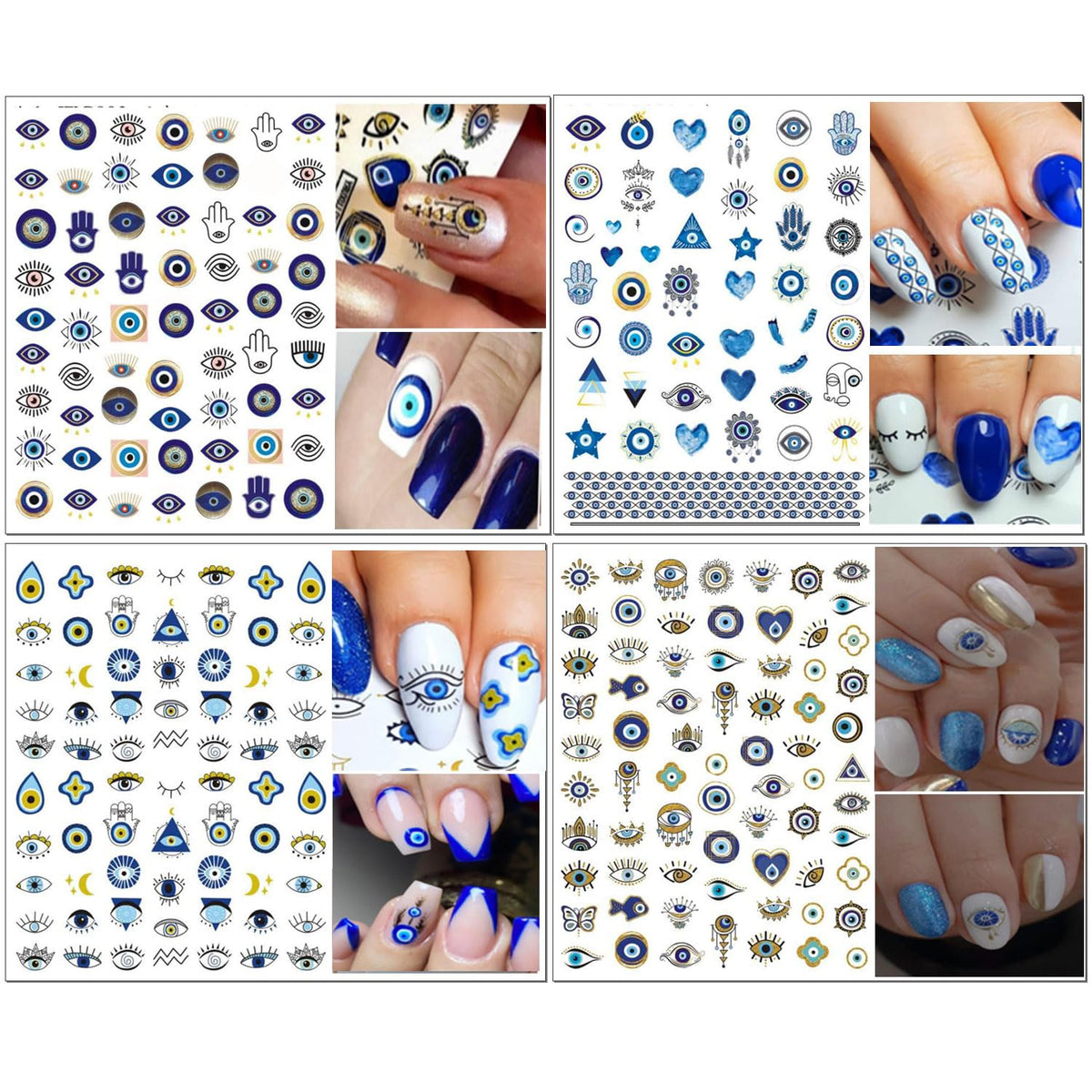14 Sheets Evil Eye Nail Stickers, 3D Turkish Blue Eye Design Nail Art Decals, Self Adhesive Hamsa Hand of Fatima Manicure Decorations