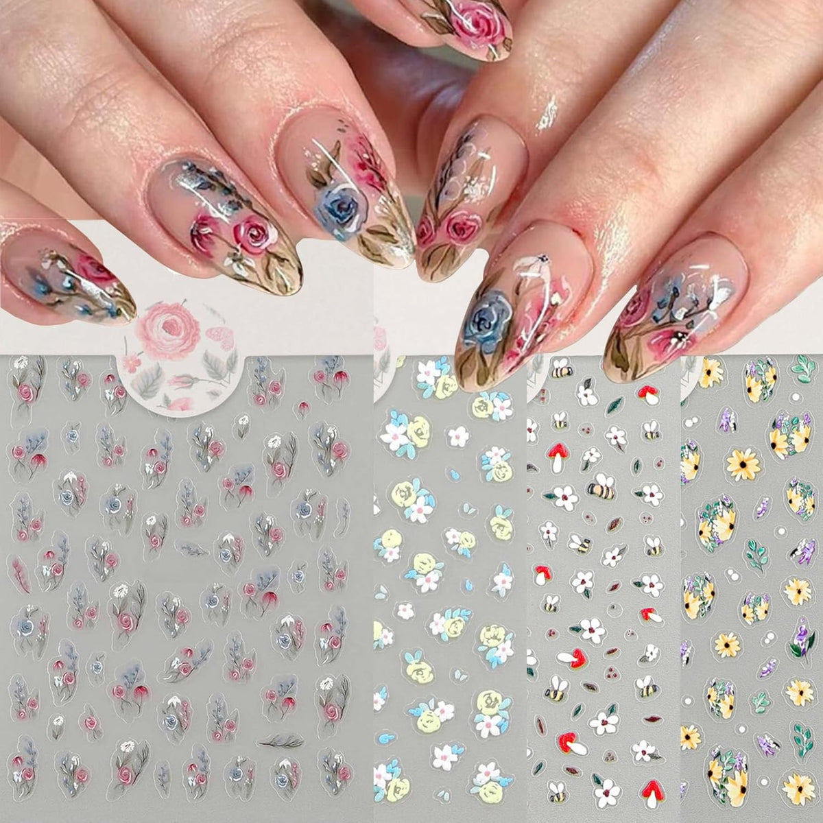 Stickers para Uñas Nail Stickers Self-Adhesive Sticker para Uñas Colorful 3D Flower Calcomanías Floral Nail Stickers Art Design Accessories Hight Quality 8 Sheets