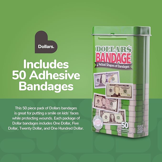 BioSwiss Bandages, Money Shaped Self Adhesive Bandage, Latex Free Sterile Wound Care, Fun First Aid Kit Supplies for Kids, 50 Count