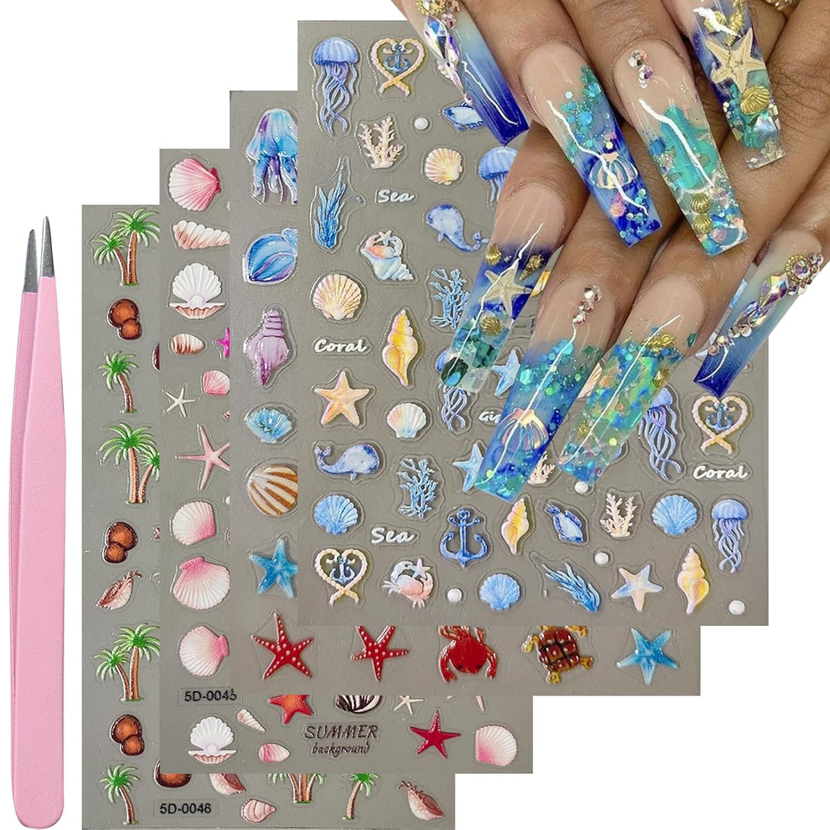 4 Sheets Summer Nail Stickers for Nail Art 5D Summer Nails Decals 3D Self-Adhesive Nails Supplies Accessories Shell Jellyfish Starfish Stickers for Women Nails Decoration