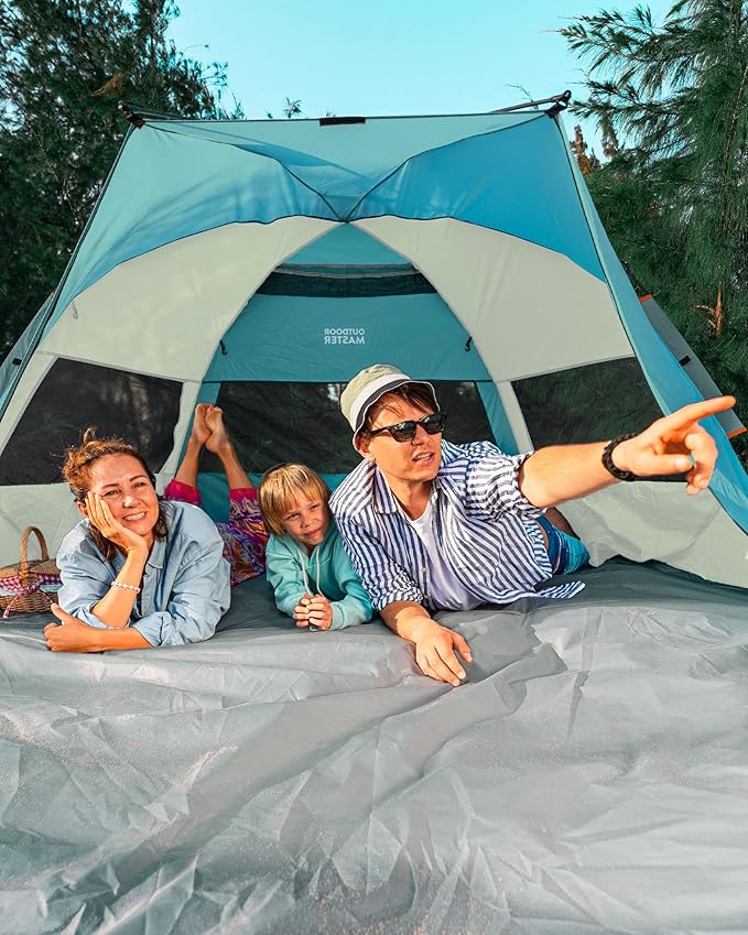 OutdoorMaster Beach Tent for 3-4 Person - Easy Setup and Portable Beach Shade Sun Shelter Canopy with UPF 50+ UV Protection Removable Skylight Family Size