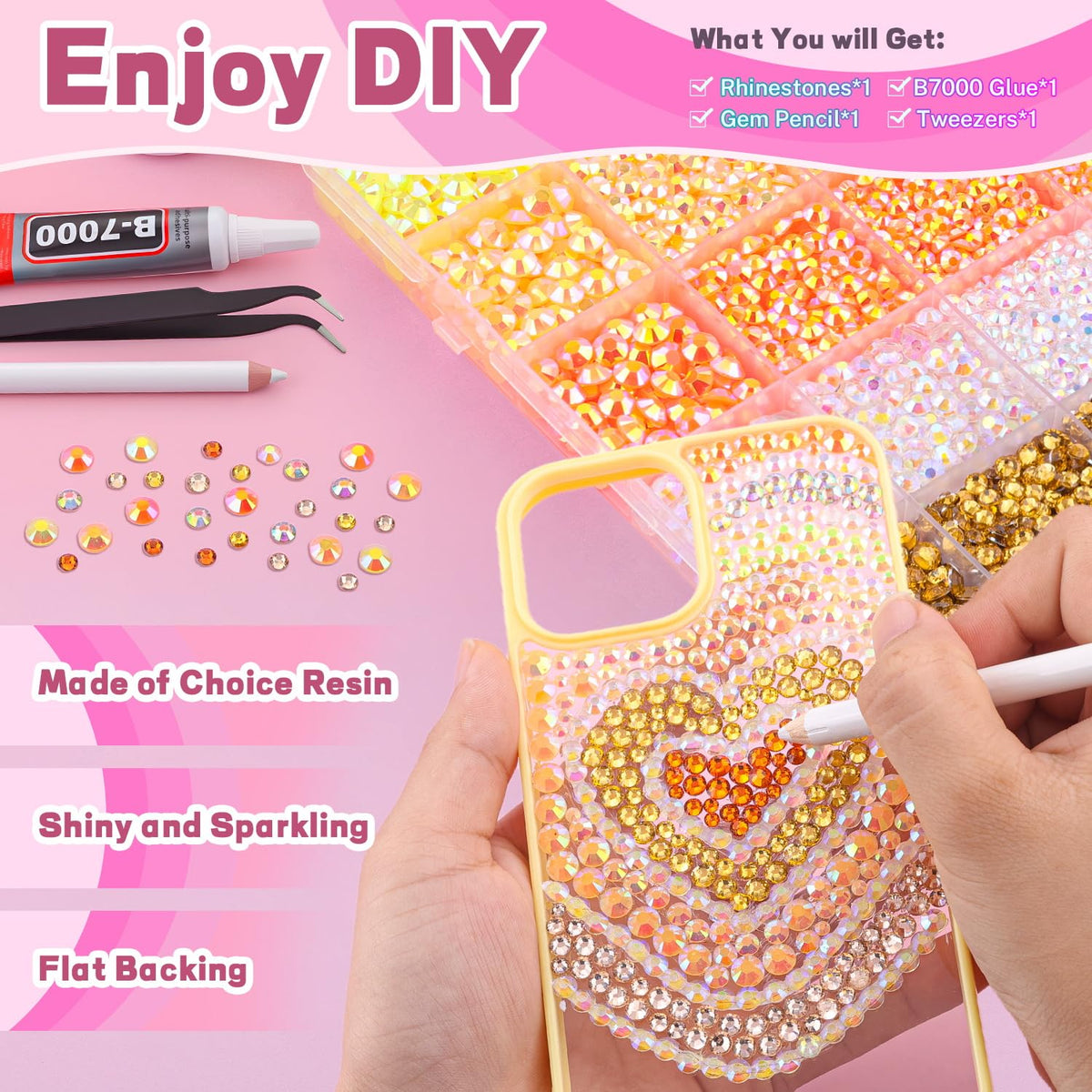 20000Pcs Yellow Rhinestones for Bedazzling with 1Pcs B7000 Jewelry Glue, Resin Rhinestones for Crafting Crafts DIY, Bedazzler Kit Gems for Clothing Shoes Tumblers Nail Art Assorted Size 3/4/5/6mm