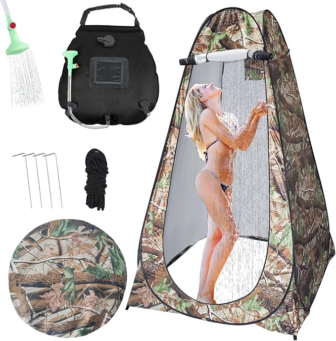 Camping Shower Tent,Pop Up Privacy Tent with Solar Shower Bag,Waterproof Pop Up Shower Tent for Portable Outdoor Toilet Shower Changing Room Sun Shelter Camping (Black/Camouflag/Green)