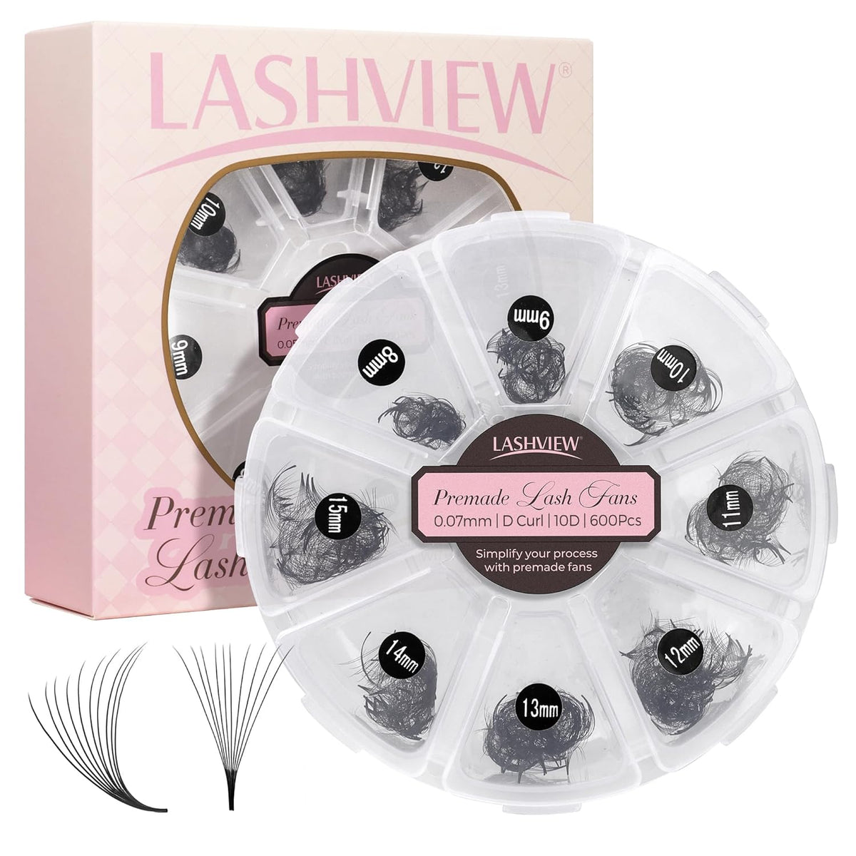 LASHVIEW 600 Premade Volume Eyelash Extensions Mixed Tray - D Curl, Pointed, Loose Fans (10D-0.07D, 8-15mm)