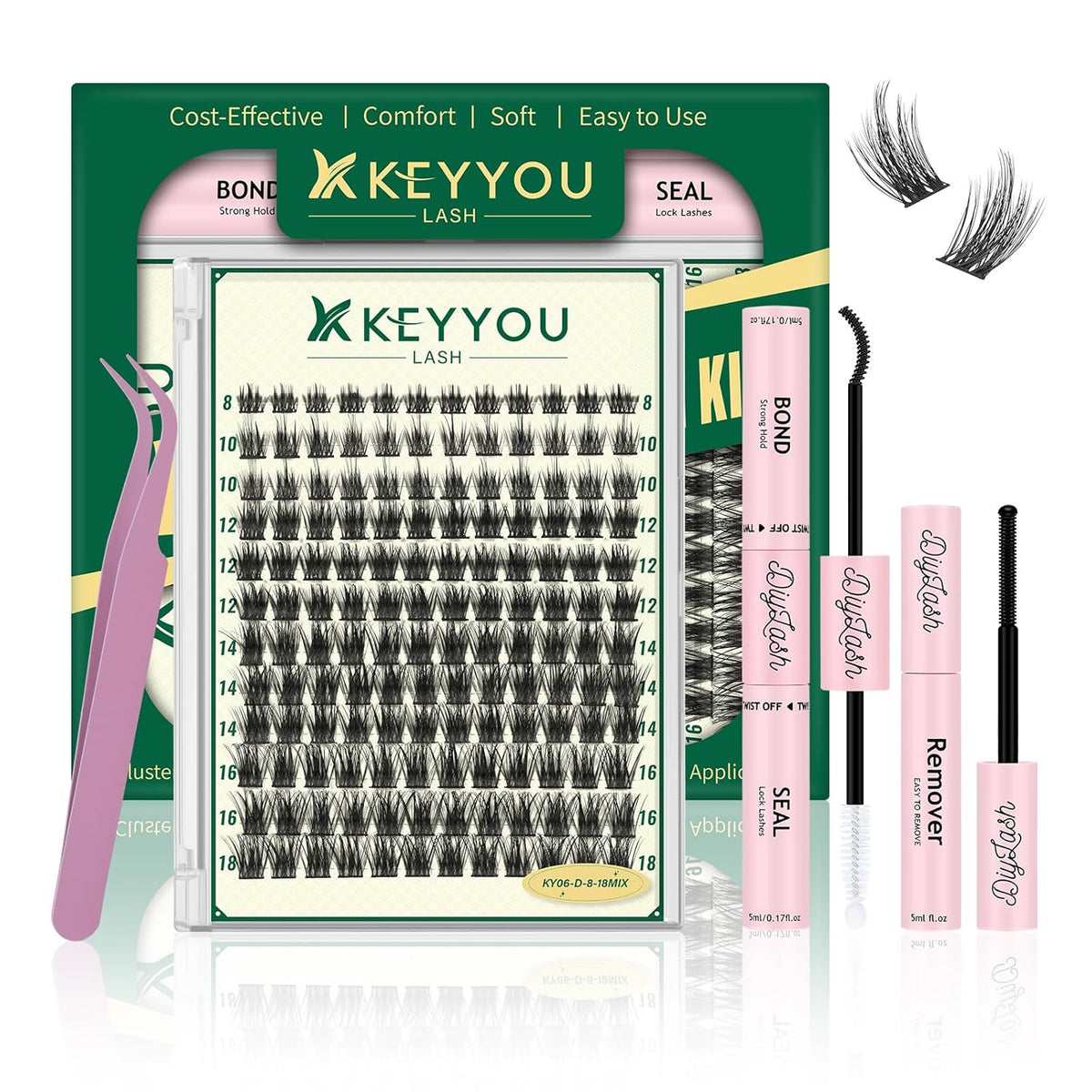KEYYOULASH DIY Lash Extension Kit 144pcs 8-18MIX Lash Clusters Eyelash Extension Kit with Lash Bond and Seal,Remover,Applicators for DIY Lash Extensions at Home (KY06 Kit)