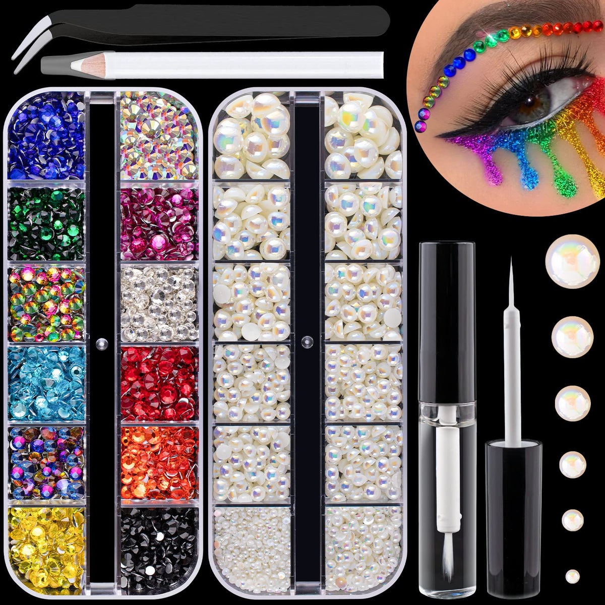 Colorful Flatback Face Gems and Beige AB Pearls for Makeup with Quick Dry Glue, Half Round Pearls Nail Art Rhinestones Glass Crystal Beads for Make-up Deco with Pickup Pencil + Tweezer