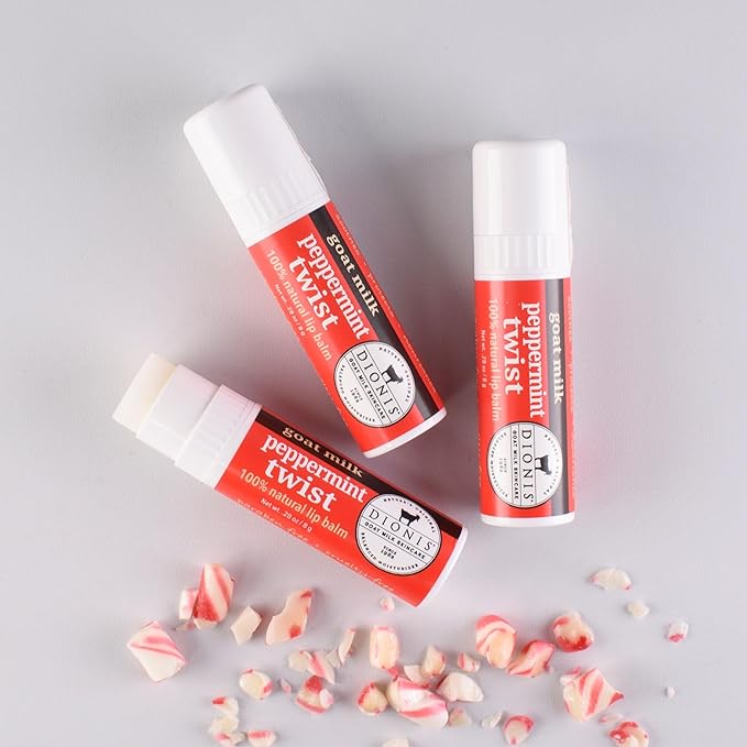 Dionis Goat Milk Skincare Peppermint Twist Holiday Lip Balm Gift Set - Beeswax, Shea Butter & Coconut Oil Lip Care Products Made in The USA - Cruelty Free Lip Moisturizer for Chapped Lips, 0.28oz 3Pk
