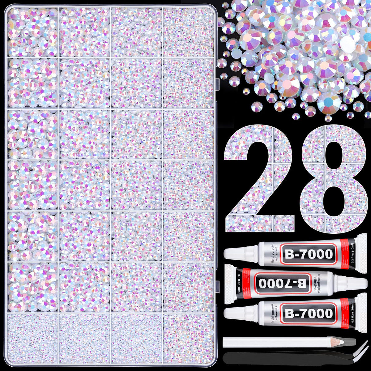 30000Pcs Resin Rhinestones for Bedazzling with 3Pcs B7000 Jewelry Glue, White AB Flatback Gems Rhinestones for Crafting, Clothing Tumblers Mugs Shoes Fabric Decor Nail Art