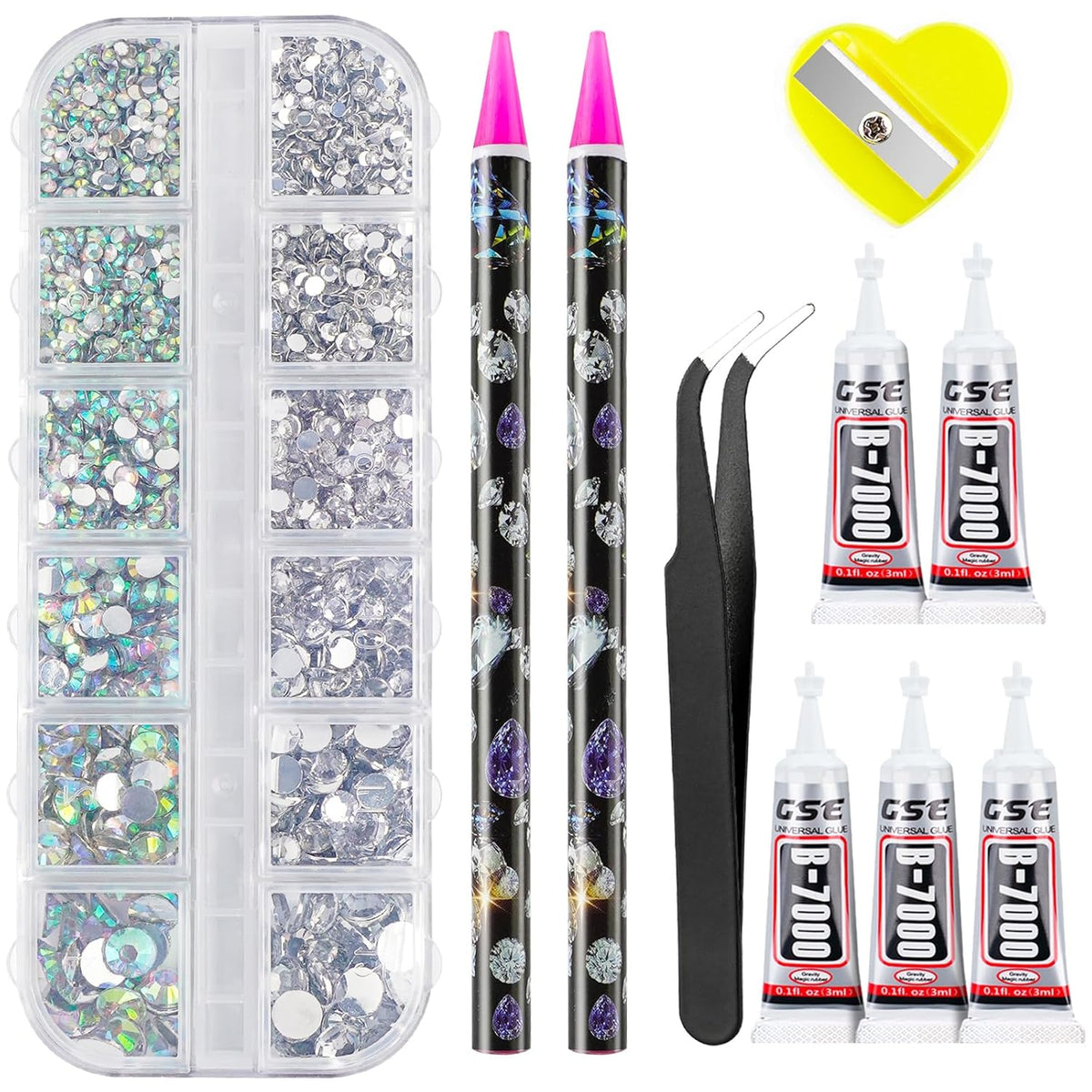 Canvalite Rhinestones 2784PCS in 6 Sizes Flat Back Gems, Crystal AB Art Gems with 5Pcs B7000 Glue, Pick Up Tweezers and Picker Dotting Pen for Nails, Makeup, Stocking Stuffers Gifts for Women