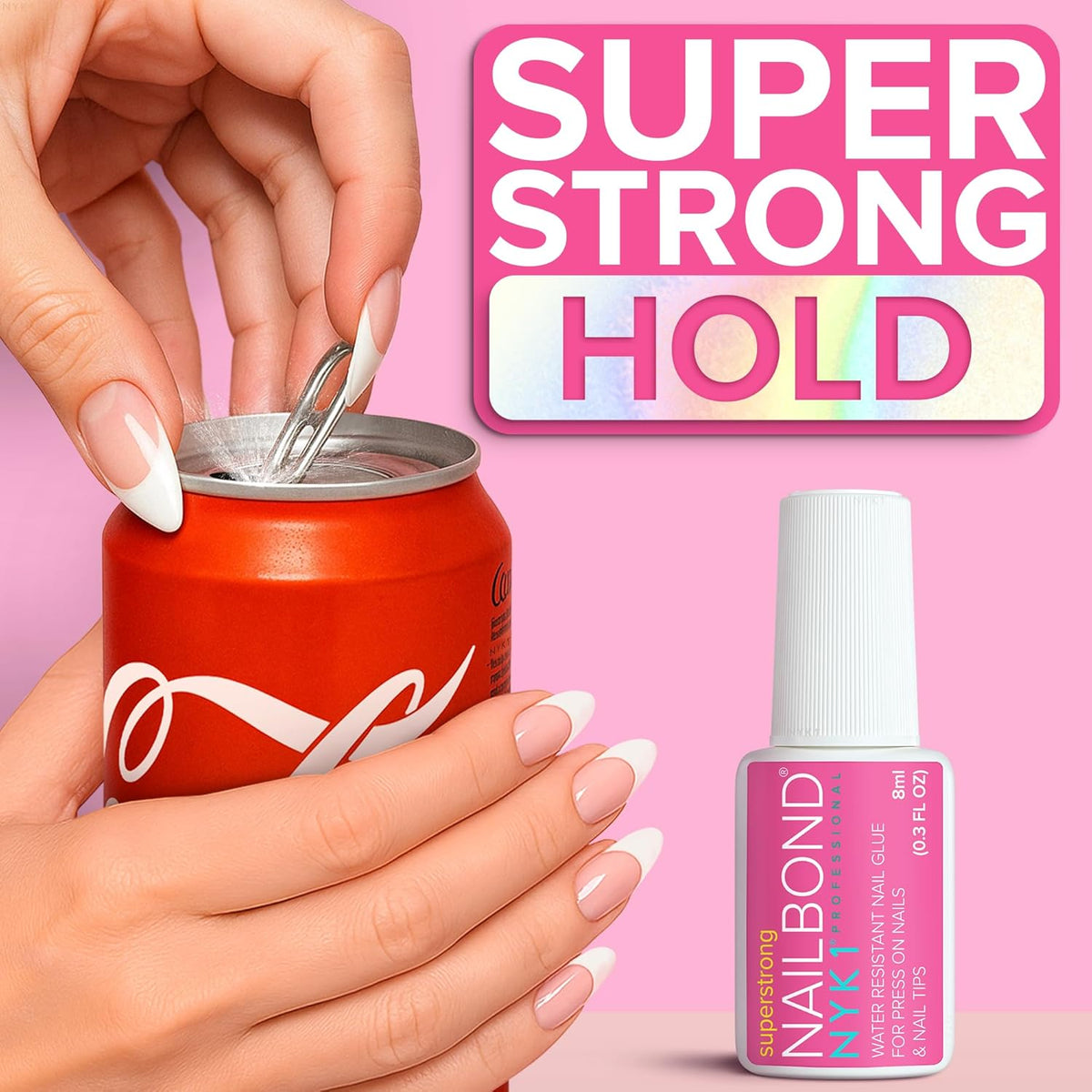 Super Strong Nail Glue for Press On Nails, Nail Tips & Acrylic Fake Nails (8ml) NYK1 NailBond Brush On Glue for Press Ons, Tips & Acrylics - Long Lasting, Maximum Strength, Mess-Free Application