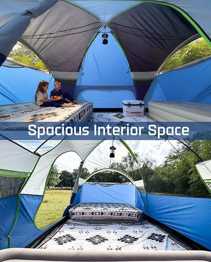 8 Person Larger Extended Dome Camping Tent with 3 Rooms, Waterproof Semi-Freestanding Family Outdoor Tent with Spacious Interior and Mesh Windows
