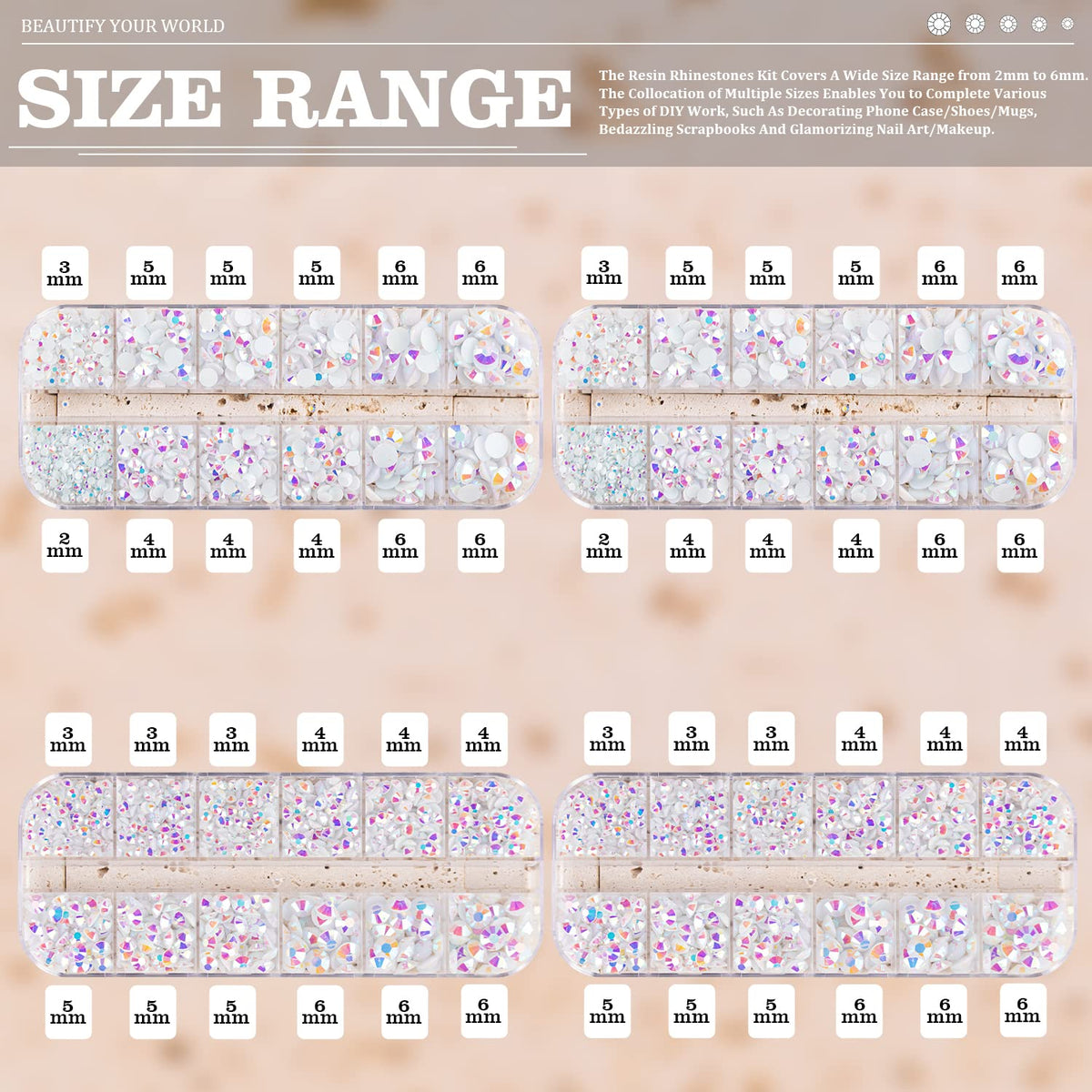 7000PCS Resin Rhinestones with Tweezers for Crafting, 2/3/4/5/6mm Flatback Jelly Rhinestones, 4 Box White AB Non Hotfix Crystal Gems for DIY Crafts Mugs Tumblers Clothes Makeup Nail