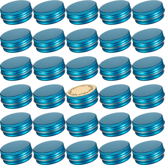 0.5 oz Screw Top Aluminum Tin Jar with Screw Lid and Blank Labels (Lake Blue - Pack of 32)
