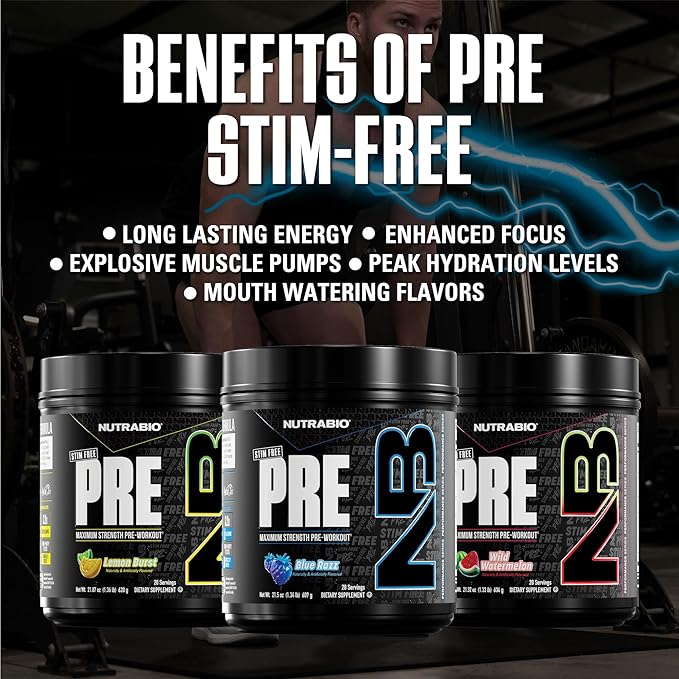 NutraBio STIM-Free PRE Workout for Men, New Formula | Laser Focus, Extreme Pumps | Performance, Endurance | 10g Citrulline, Beta Alanine, Nitrates, Nootropics, Electrolytes - 20 Servings Blue Razz