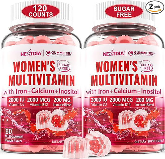 (2 Pack) Sugar Free Methylated Multivitamin for Women Gummies with Calcium, D3 K2, Inositol, Folate, Biotin, Iron, Vitamin A, C, E, B Complex - Multi Vitamins & Minerals - Energy, Immune, Bone - Vegan