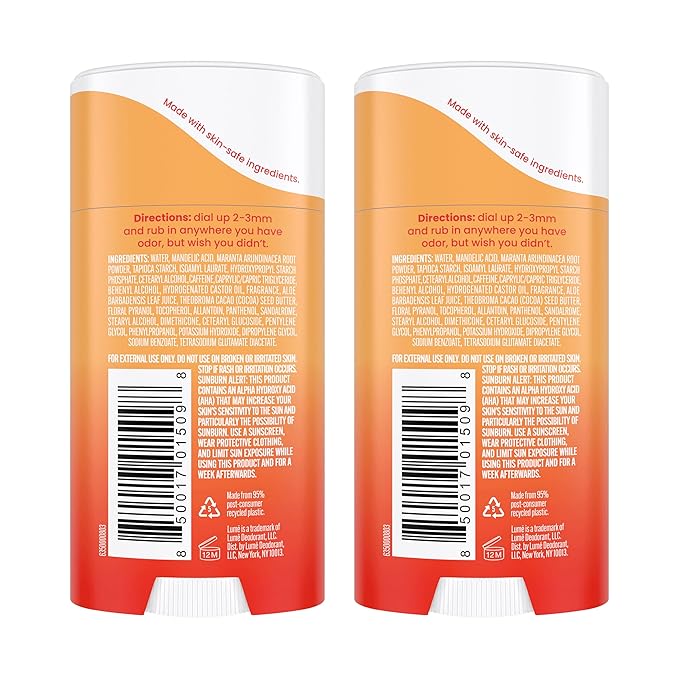 Lume Whole Body Deodorant - Invisible Cream Stick - 72 Hour Odor Control - Aluminum Free, Baking Soda Free, Skin Safe - 2.2 Ounce (Pack of 2) (Clean Tangerine)