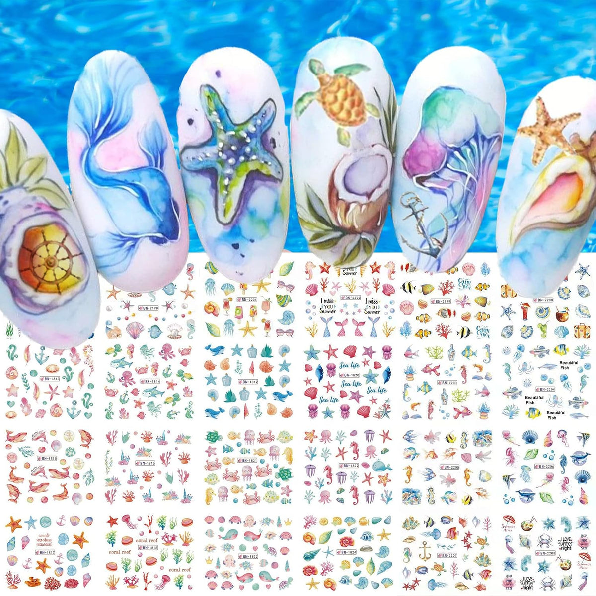 36 Sheets Summer Nail Art Stickers, Ocean Anchor Water Transfer Nail Decals, Shark Seashell Sea Turtle Design DIY Manicure Decorations for Girls Women