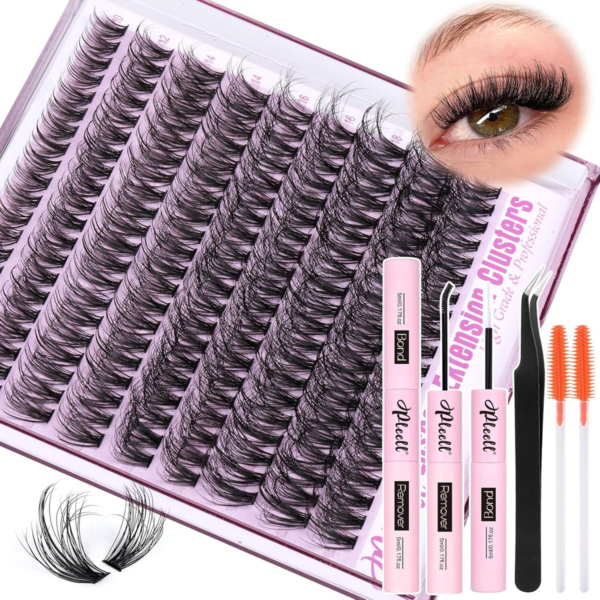Fluff Lash Extension Kit Wispy Eyelash Extension Kit 10-18MM Natural Lash Clusters 180PCS Cluster Eyelash Extensions with Lash Bond and Remover and Lash Applicator DIY Lashes Extension by Pleell