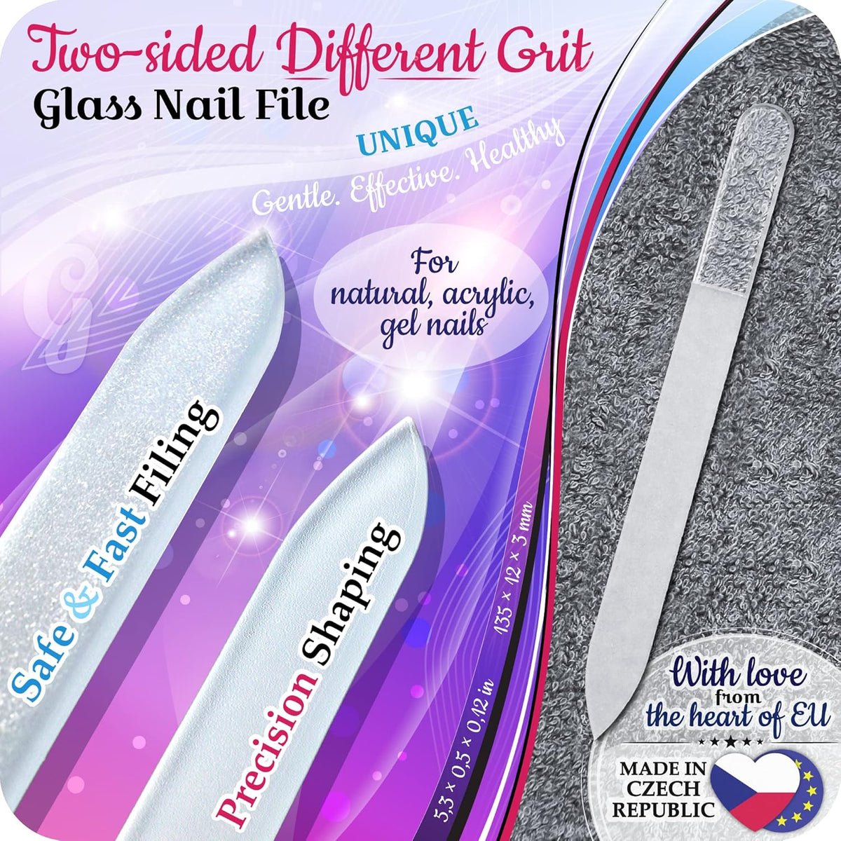 GLADZY Czech Glass Nail File with Case – Double Sided Crystal Nail File for Natural Nails, Dual Grit Coarse & Smooth Sides, Etched Bohemian Glass Manicure Tool, Professional Care, Ethically Made in EU