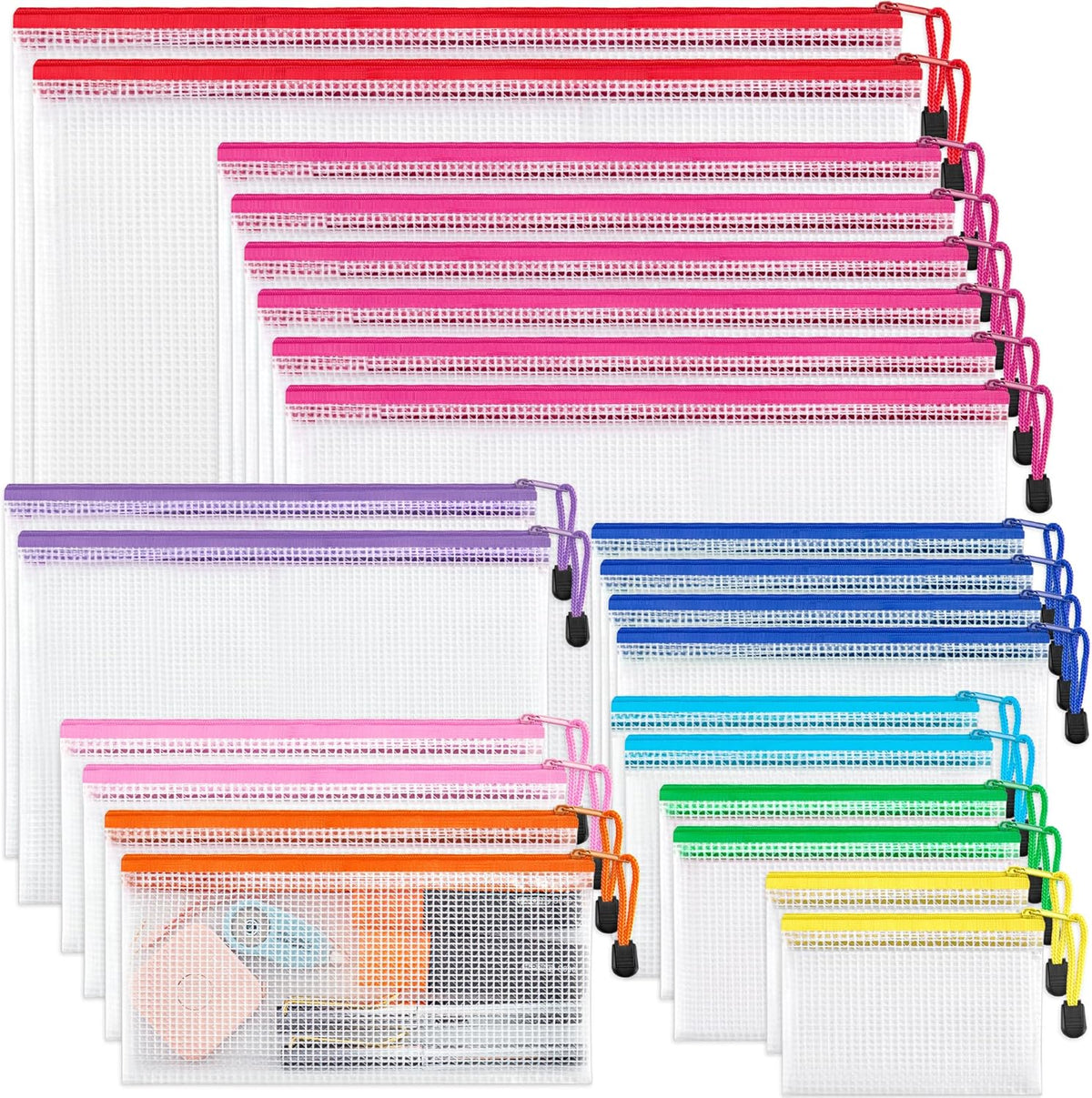 JARLINK 24 Pack 8 Sizes Mesh Pouch, 9 Colors, Waterproof Zipper File Bags Document Multipurpose Travel Bags for Office, School, Board Game, Puzzles, Cosmetics, Travel Accessories, and Home Organize
