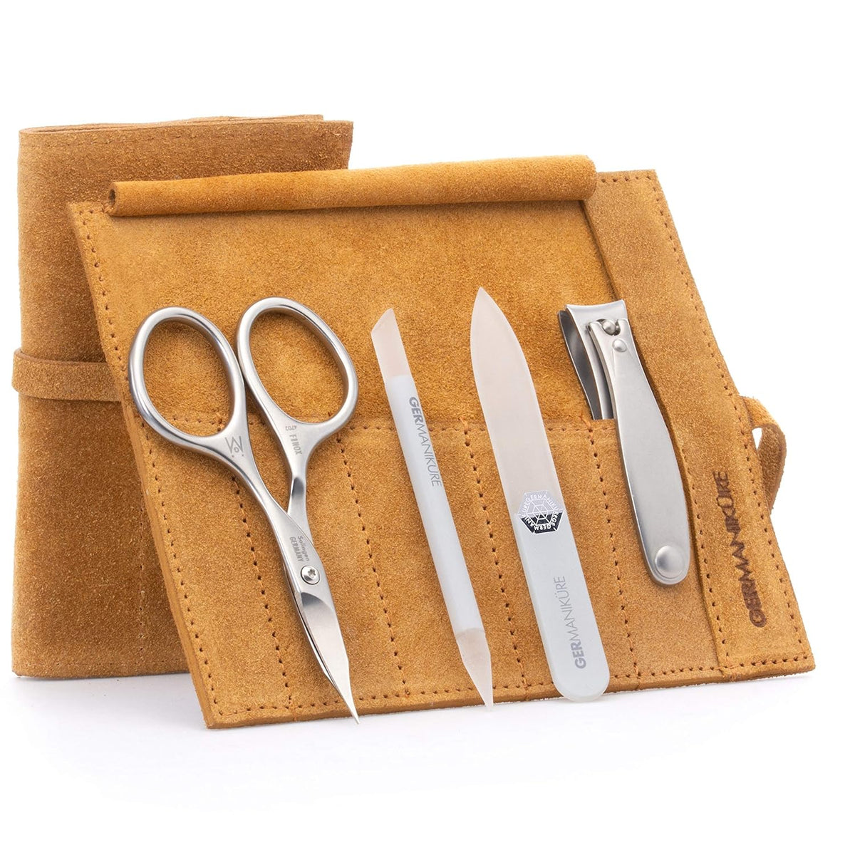 GERMANIKURE 4pc Mini Professional Manicure Set in Suede Case - FINOX Stainless Steel Tools Made in Solingen Germany, Glass Nail Care Supplies Made in Czech Republic