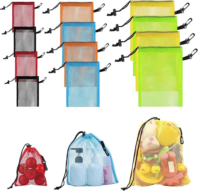 iMucci 12 Pieces 6 color Mesh Drawstring Bag with Clips, Nylon Drawstring Bags Pocket Foldable Beach Bag with Cord Lock for Swimming Collecting Toys Laundry Sports Gym Beach Travel