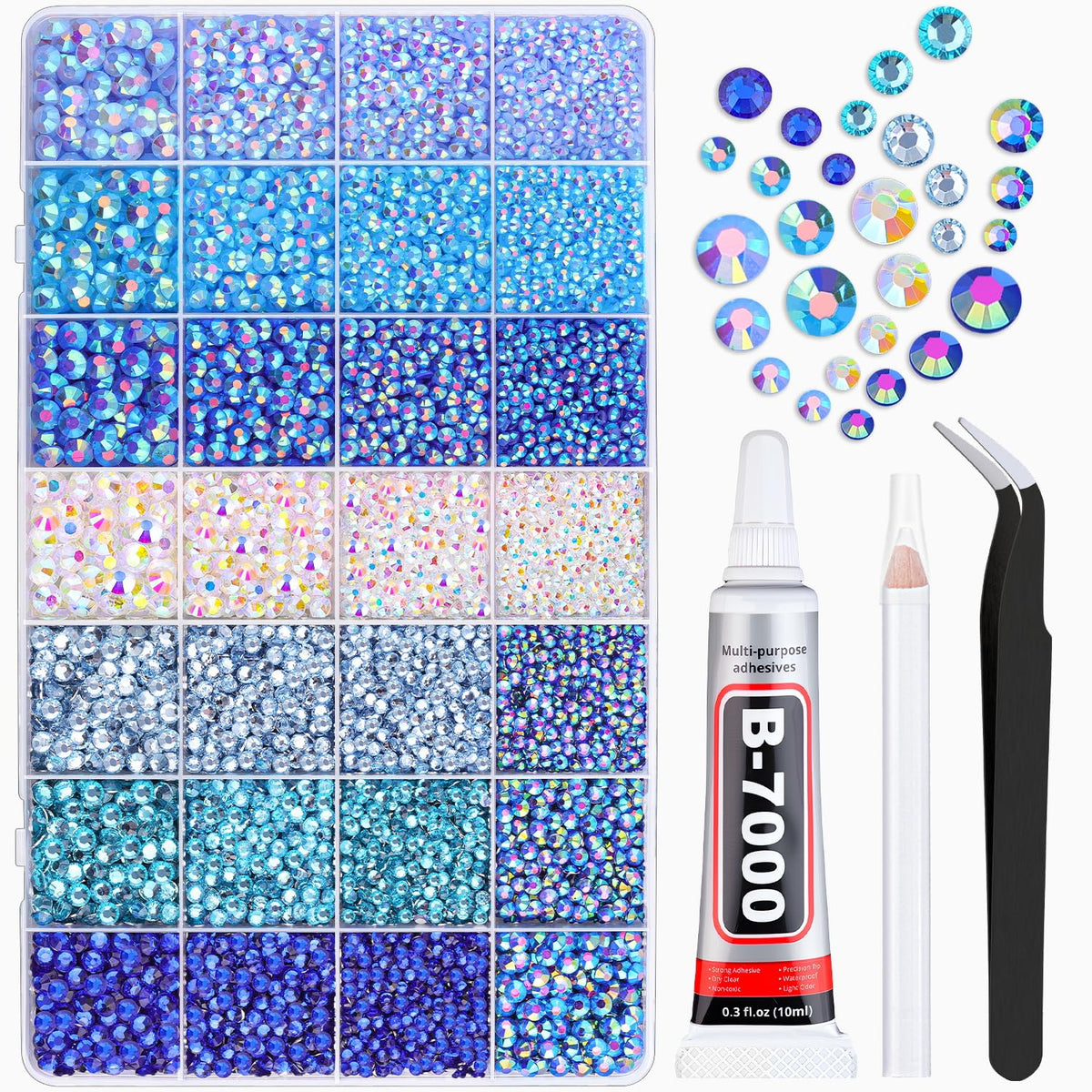 20000Pcs Blue Rhinestones for Bedazzling with 1Pcs B7000 Jewelry Glue, Resin Rhinestones for Crafting Crafts DIY, Bedazzler Kit Gems for Clothing Shoes Tumblers Nail Art Assorted Size 3/4/5/6mm