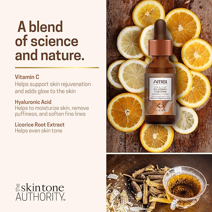 Ambi Even & Clear Vitamin C Infused Glow Serum for All Skin Types to help Cleanse Skin, Brighten Skin, Even Skin Tone, Extract, 1 Ounce
