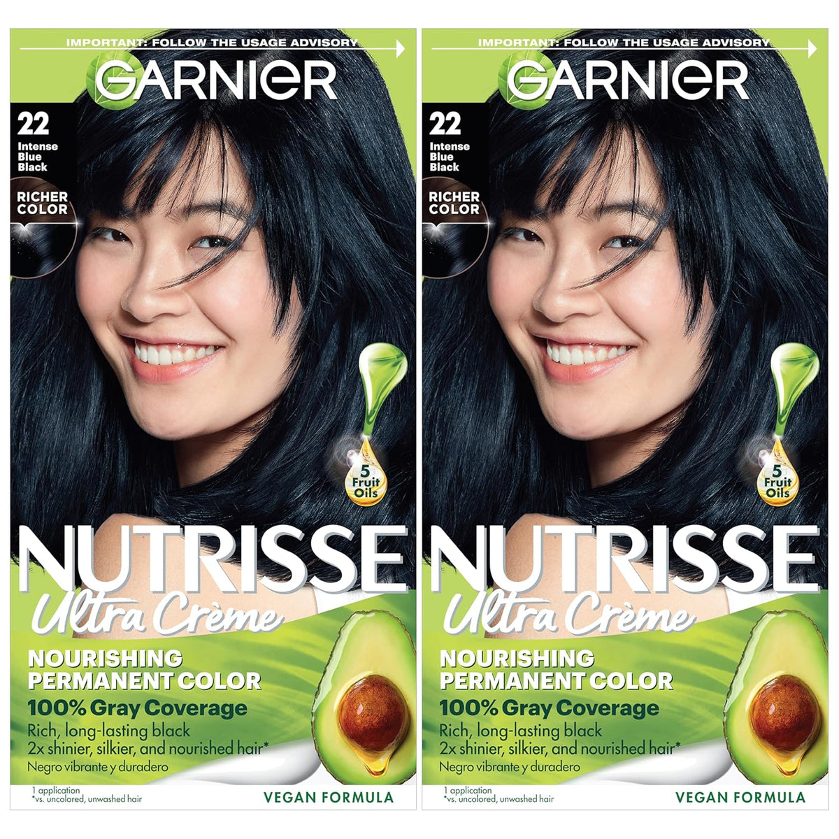 Garnier Hair Color Nutrisse Nourishing Creme, 22 Intense Blue Black (Mulberry) Permanent Hair Dye, 2 Count (Packaging May Vary)
