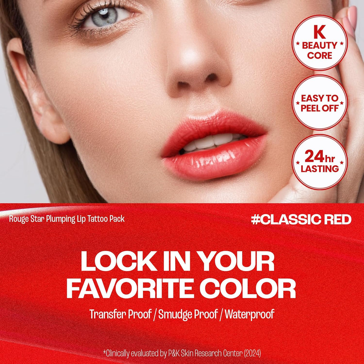 Rouge Star Plumping Lip Tattoo (0.17 oz) - 72-HR Long Lasting Waterproof Peel Off Lip Stain - Transfer-Proof, Non -Sticky Hydrating Matte Lip Tint Tattoo (Classic Red)