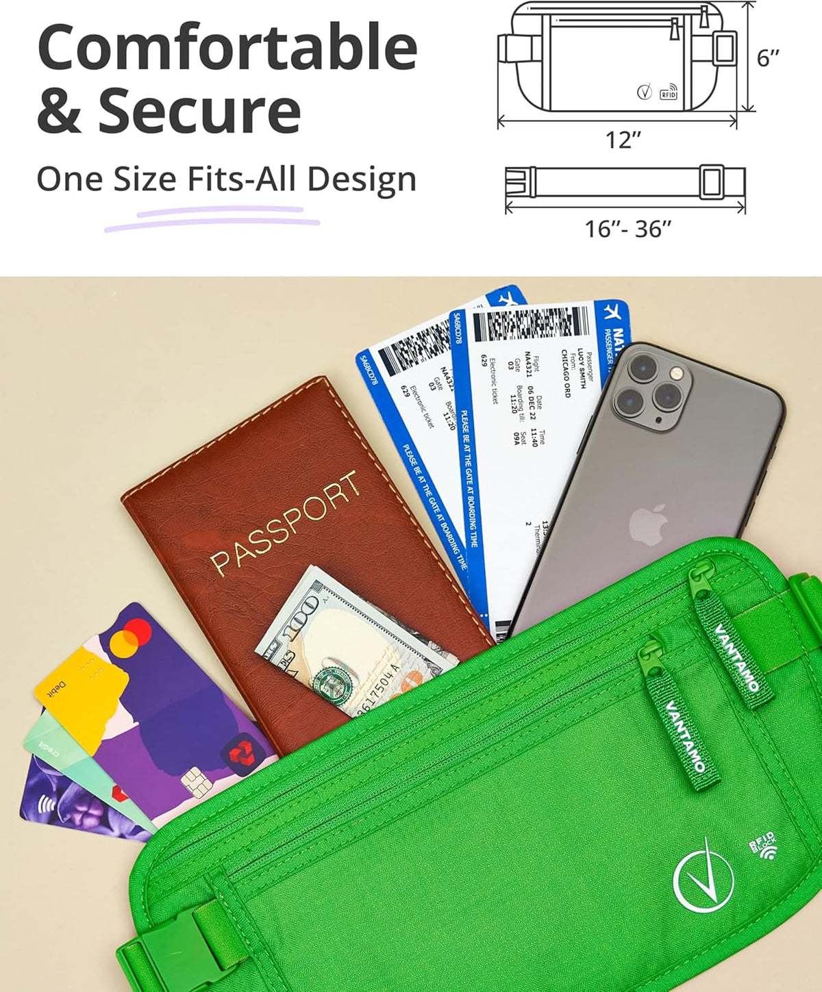 Vantamo Hidden Money Belt For Extra Safety, RFID Ultra-Thin Fanny Pack, 2 Compartment Money Bag Fits Passport & Phone