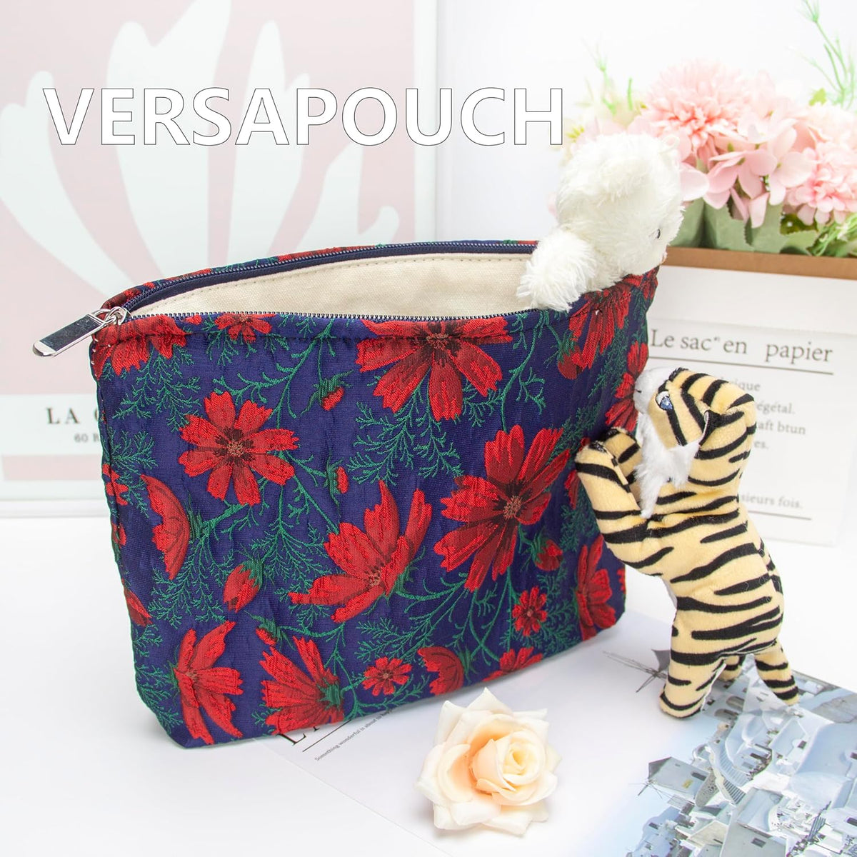 PAZIMIIK Makeup Bag Large Cotton Zipper Pouch for Purse Travel Canvas Make Up Organizer for Women Cosmetic,Brocade Navy Blue