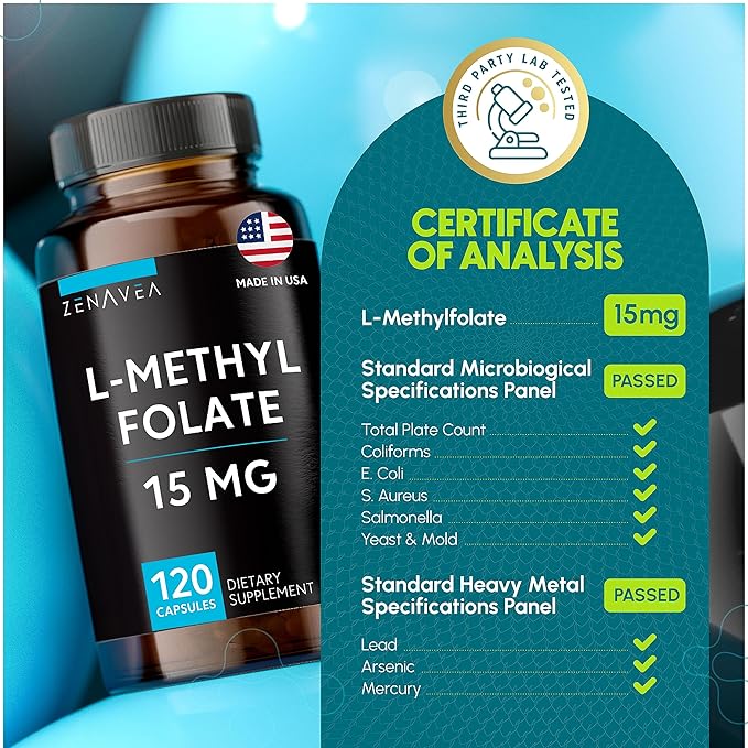 L-Methylfolate 15mg - L Methyl Folate Supplement, 5-MTHF for Folic Acid Deficiency - Max Absorption and Potency - l-methylfolate 15 mg - Methyl folate 15 mg - 120 Vegan Capsules, Non-GMO Gluten Free