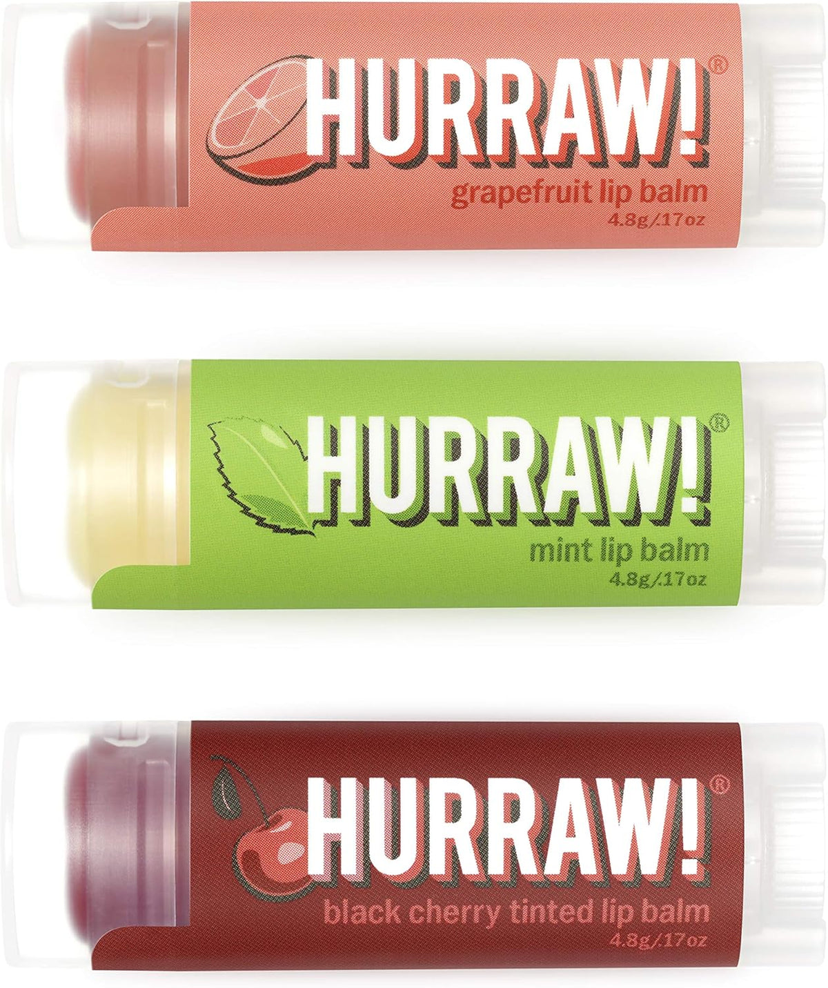 Hurraw! Grapefruit, Mint, Black Cherry Tinted Lip Balms, 3 Pack Bundle: Organic, Certified Vegan, Cruelty and Gluten Free. Non-GMO, 100% Natural. Bee, Shea, Soy & Palm Free. Made in USA
