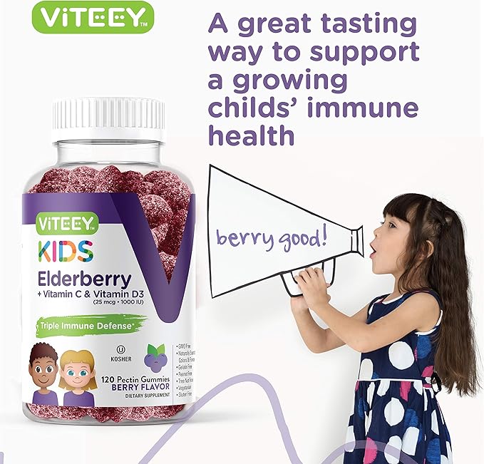 Sambucus Elderberry Gummies for Kids Immune Support Supplements with Vitamin D3 & Vitamin C - 3-1 Immune Booster - Vegetarian, Gelatin Free, Gluten Free, GMO Free - Tasty Chewable Berry Flavored Gummy